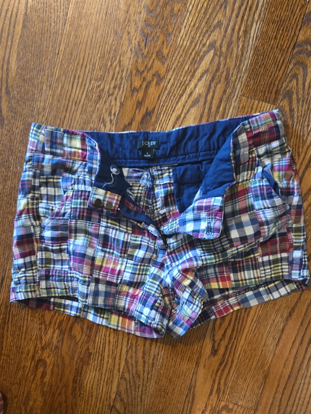 Vintage J. Crew Plaid Cotton Madras Shorts in Navy, Red, Yellow & White